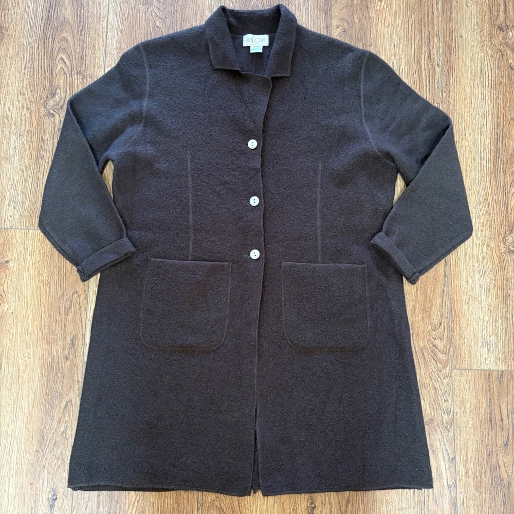 Vintage 80s Silk Club Brown 100% Wool Longline Cardigan Coat Duster Womens Large